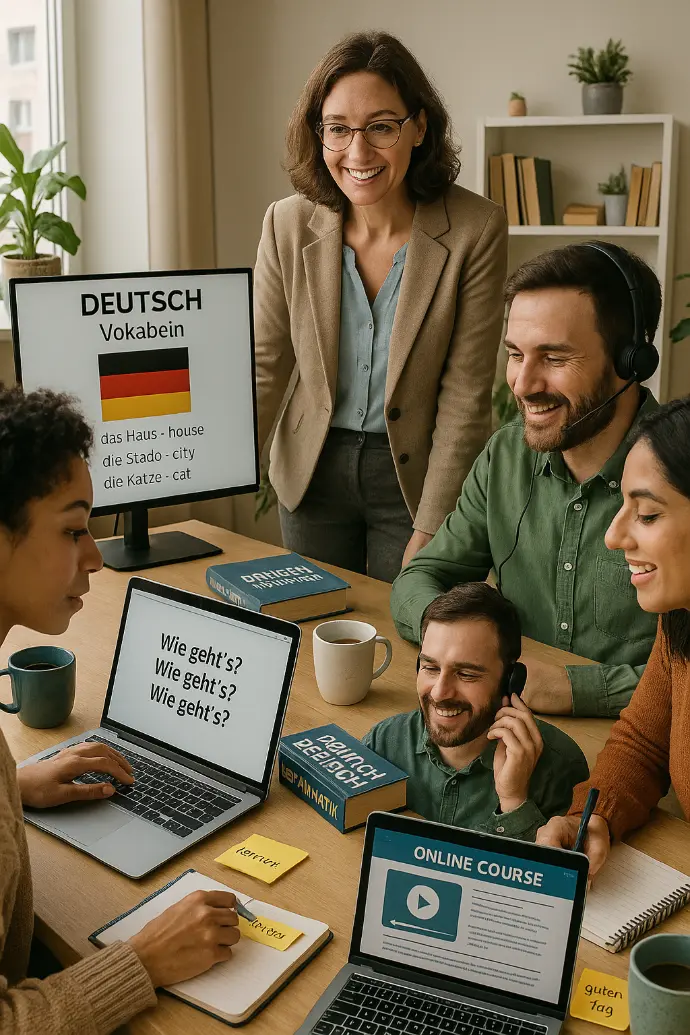 Students learning German with tutor in classroom